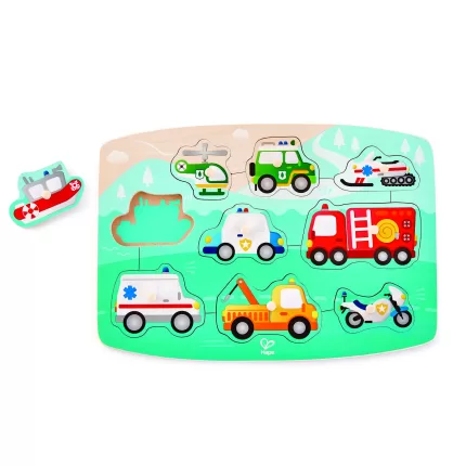 PUZZLE CU BUTOANE- AUTOVEHICULE DE INTERVENTIE-E1406A-Hape-6943478018679