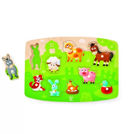 PUZZLE CU BUTOANE- ANIMALE DE LA FERMA-E1408A-Hape-6943478018907