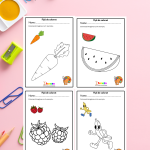 Fișe de colorat cu exemplu pentru preșcolari, Set 50 de fișe cu fructe și legume, +3ani